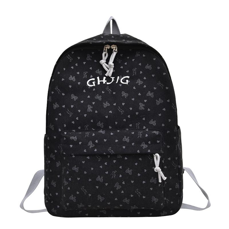 

Embroidery Letter Bow Corduroy Backpack for Girls High Capacity Student Lightweight Shoulder Bag Casual Portable Ladies Rucksack