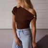 Women T-shirt Soft Stretchy Regular Fit Sloping Shoulder Short Sleeve Pullover Tops with Metal Design Party Vacation Casual Wear