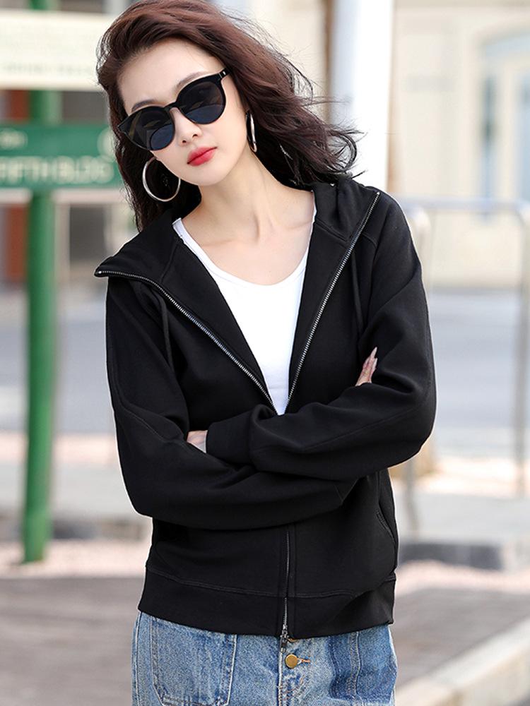 Grauer Damen-Cardigan-Hoodie mit doppeltem Reißverschluss, schwere Qualität - Sportlicher koreanischer Stil, Langarm, Frühjahr/Herbst Kollektion 2025.