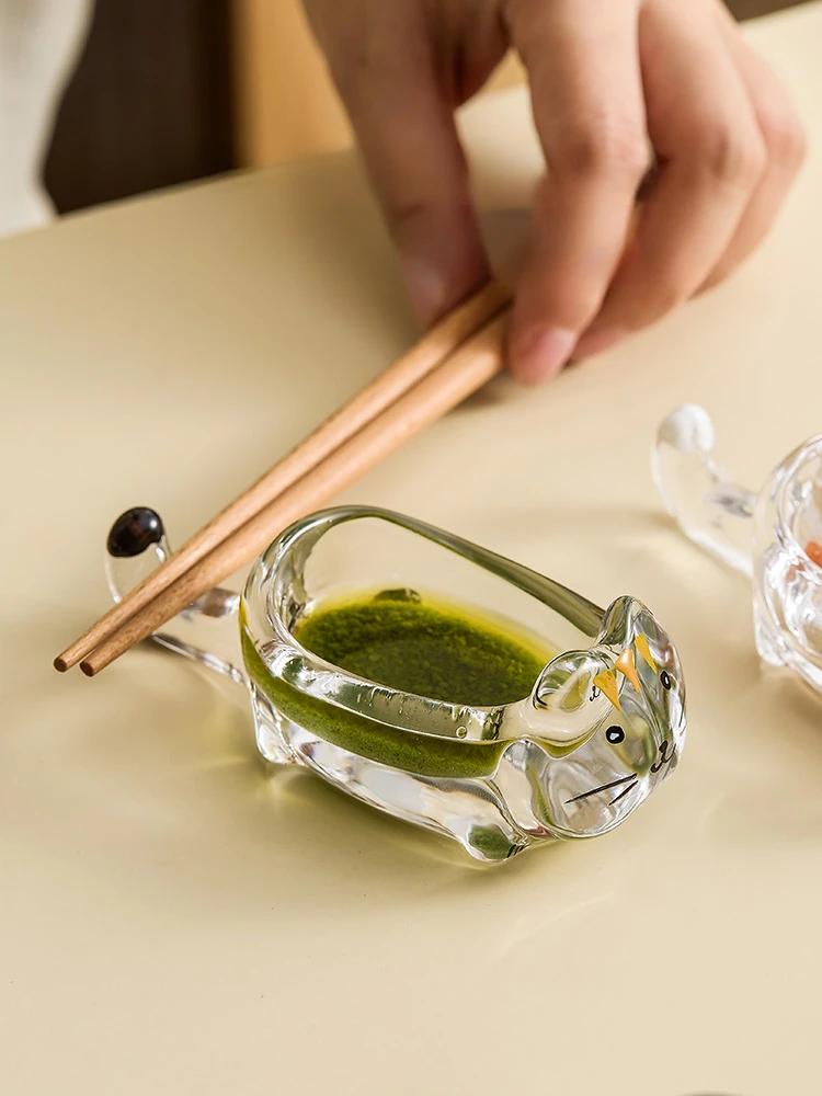 Creative Kitty Dip Dish Crystal Glass Tomato Salad Soy Sauce Vinegar Dry Dish Cartoon Home Snack Small Plate Chopsticks Holder