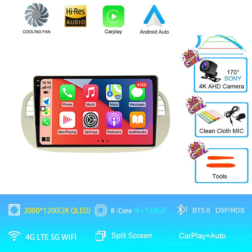 Android 14 Car Radio For Fiat 500 With GPS Navigation Steering Wheel Control Multimedia Carplay& Auto BT WIFI Stereo 360 Camera