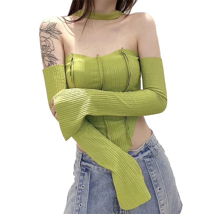 Sexy Wrapped Chest Strap Long Sleeve Blouse Slim Fit Cropped Top Ladies Halter Camisole Fashion