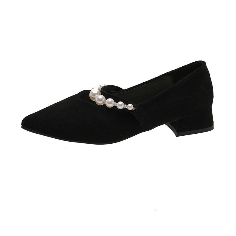 Fashion Spring new coarse heel shoes women's fashion pointed head shallow mouth beaded waterproof non-slip low-top shoes