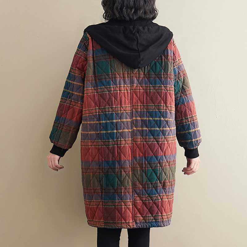 Zimní dámské oblečení Bunda s kapucí a vycpávkou Parka Móda Kostkovaná Kabátová bunda střední délky Udržujte v teple Volný Volný čas