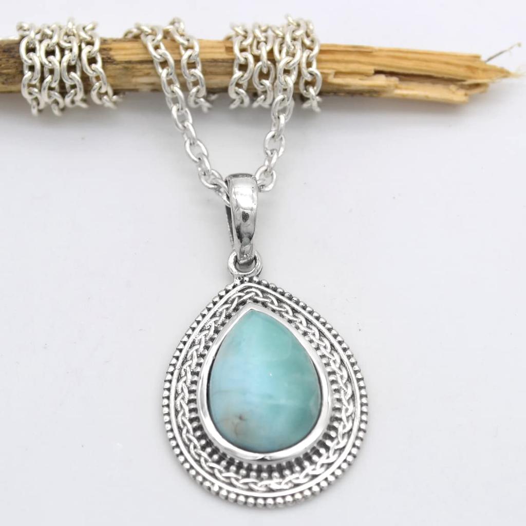 Pear Cabochon Larimar (5 Cts) Pendant Necklace Solid 925 Sterling Silver Gemstone Pendant with Chain Jewelry For Women or Girls