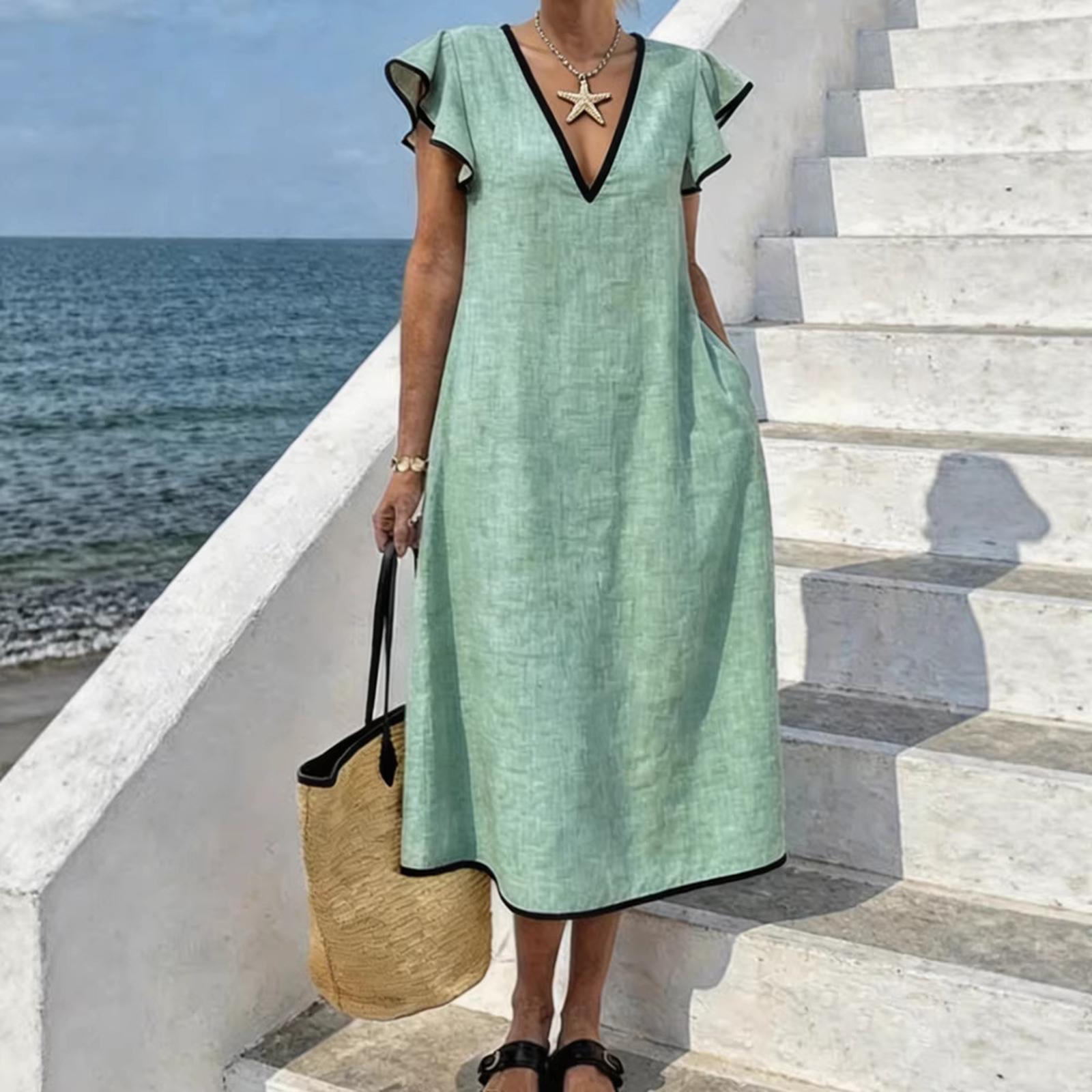 

Women s Fashion V Neck Bohemian Loose Pocket Vacation Seaside Long Dress L зелёный