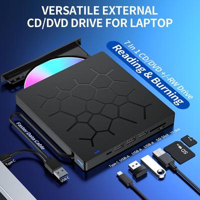 External CD DVD Drive,Ultra Slim CD Burner USB 3.0 with 4 USB Ports and 2 TF/SD Card Slots, Optical Disk Drive for Laptop Mac PC