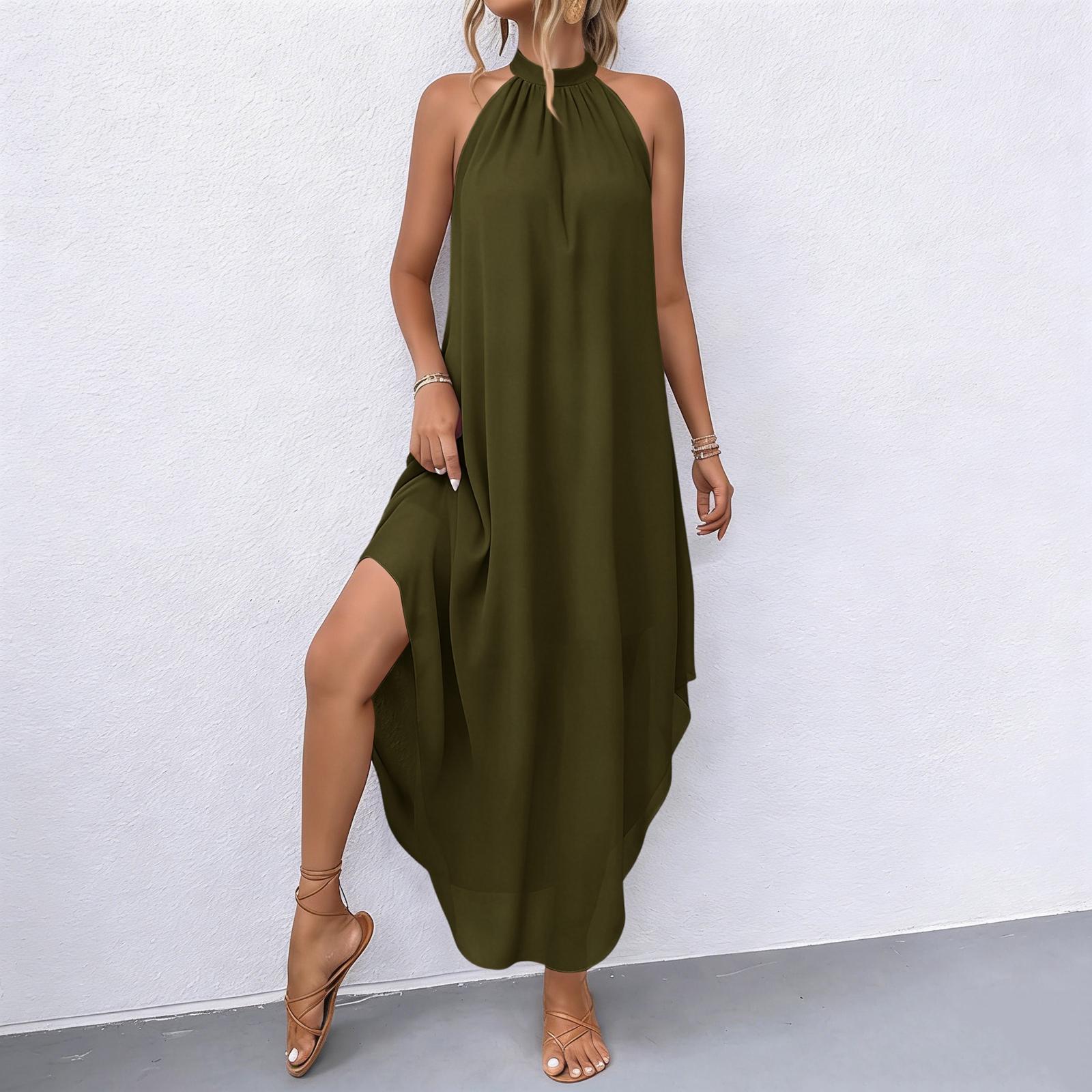Women s  Casual Dress With Sleeveless Irregular Hem Dress L армия зеленый