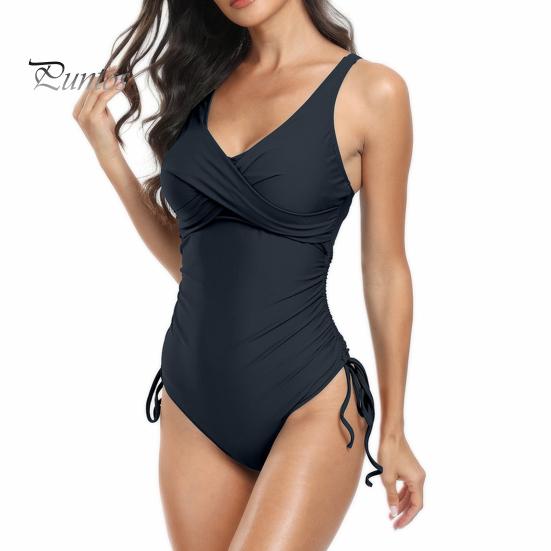 

Цельный монокини с V-образным вырезом, эластичный, быстросохнущий, мягкий, узкий, на шнурке, плиссированный, с мягкой подкладкой, беспроводной, консервативный купальный костюм, одежда для серфинга, женская летняя одежда 2XL темно-синий