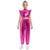 Kids Girls Hip-Hop Jazz Dance Set Mock Neck Rhinestone Mesh Patchwork Sleeveless Metallic Ruffle Crop Top with Shiny Cargo Pants