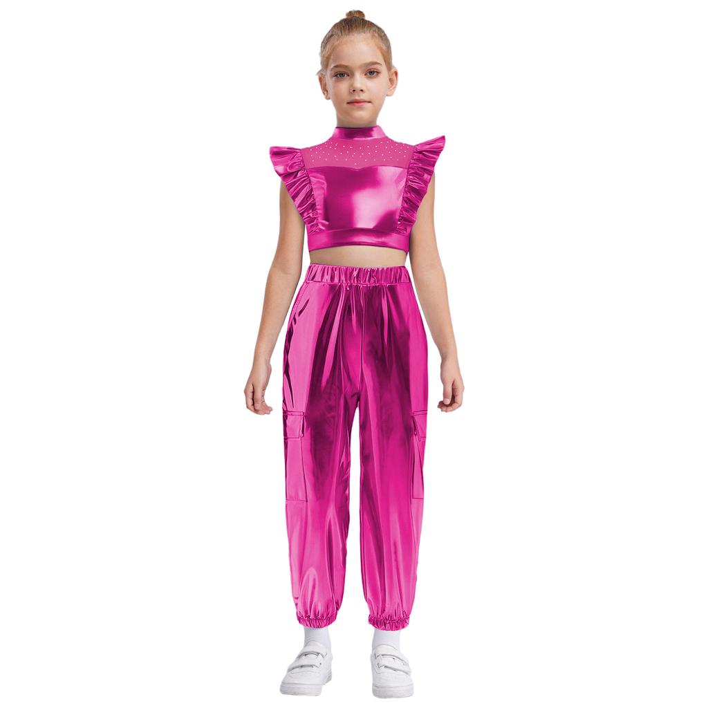 Kids Girls Hip-Hop Jazz Dance Set Mock Neck Rhinestone Mesh Patchwork Sleeveless Metallic Ruffle Crop Top with Shiny Cargo Pants
