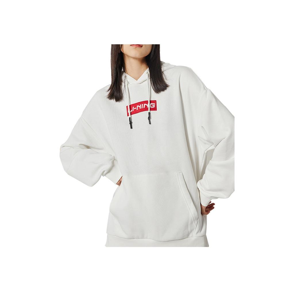 Li Ning Pullover Long Sleeve Hooded Knit Sweatshirt Men Sweatshirts Off-White AWDQ646-1