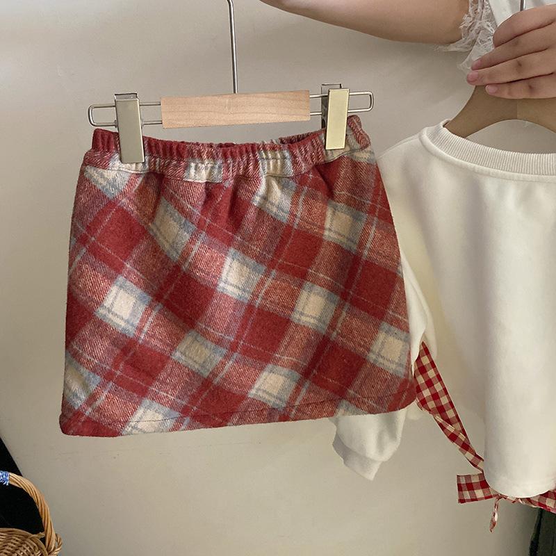 Girls Autumn Winter Fleece Sweatshirt Set Sweet Bow Top And Plaid Skirt Two Piece Outfit 90