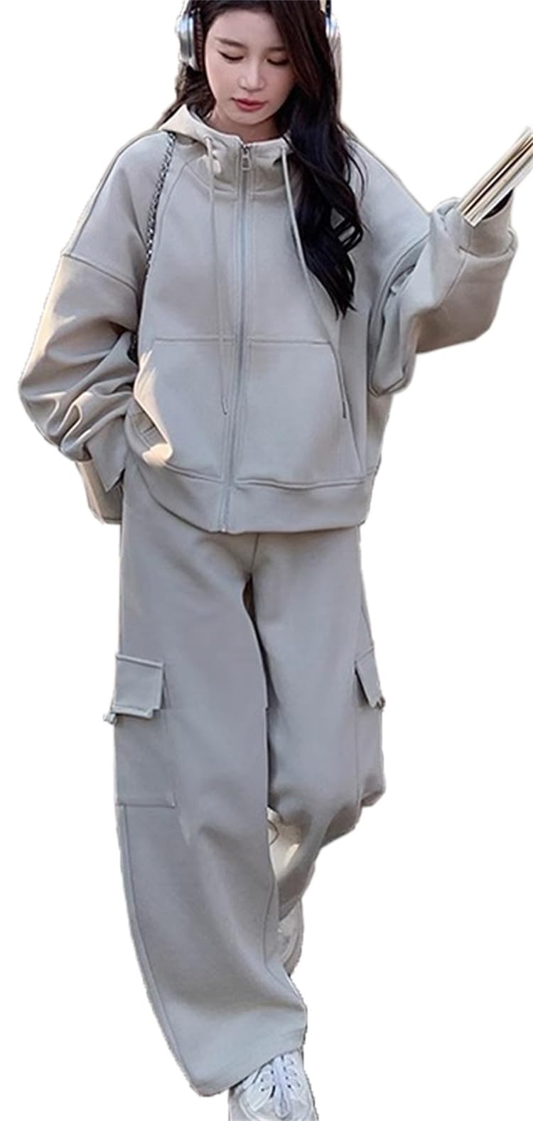 YUANYUAN CREAM Спортивный костюм и Расслабленный Идеально подходит для улицы, Повседневный и Размер Женский брючный костюм, Комплект из 2 предметов, Посадка, Элегантный, Повседневный, Экскурсии, бежевый