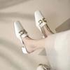 Fashion Cover Toe Chain Decoration Womens Half Slippers Outdoor Slides Med Heeled Mules Shoe   Luxury Square Heel