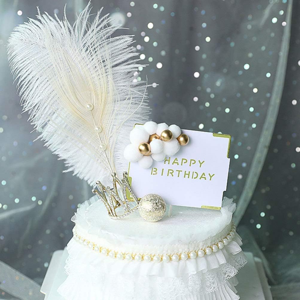 2pcs Plumage Cake Topper with Pearl Romantic Aesthetic Ostrich Plumage Feathered Cake Decorartion for Birthday Wedding