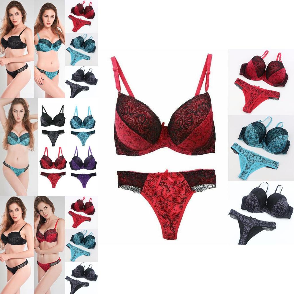 Flower Lace Womens Padded Bra Plunge Set Ladies Underwear Panties Sets Up Push