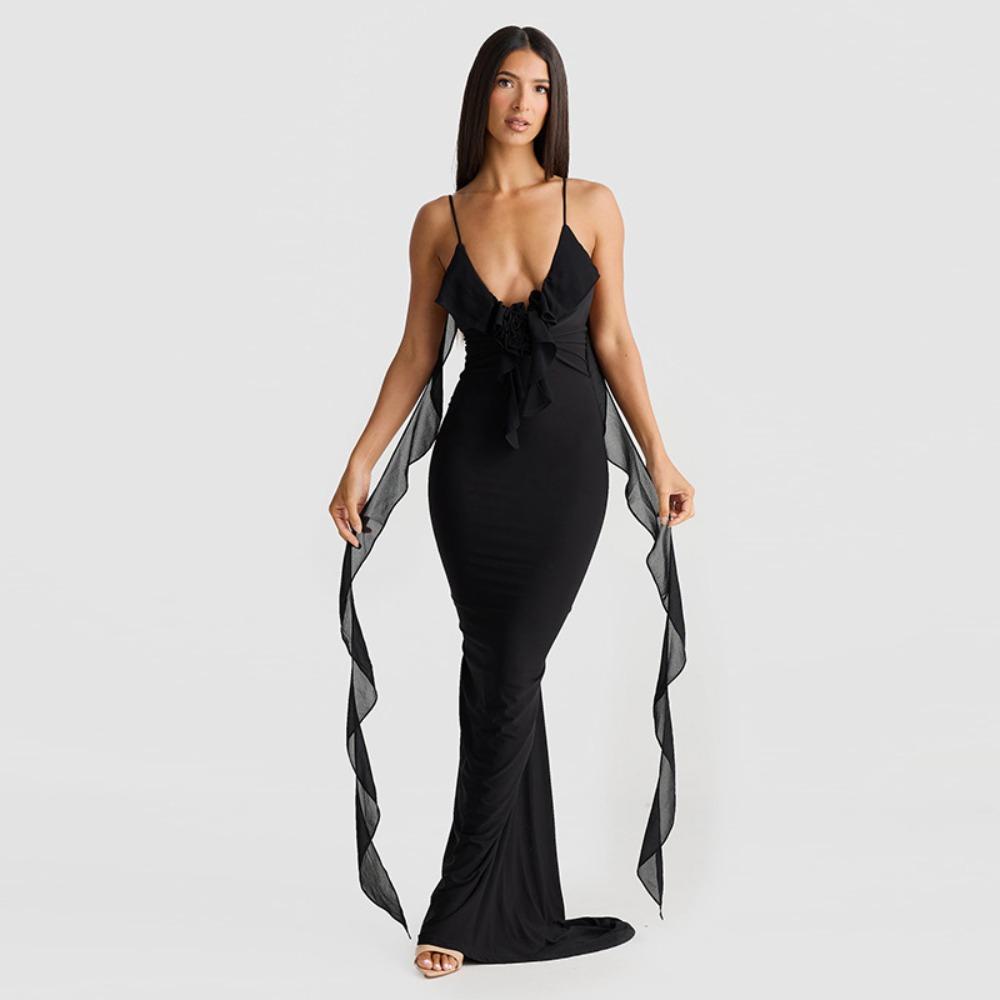 Women s V Neck Sleeveless Ruffle Trim Bodycon Maxi Mermaid Evening Gown Dress XS