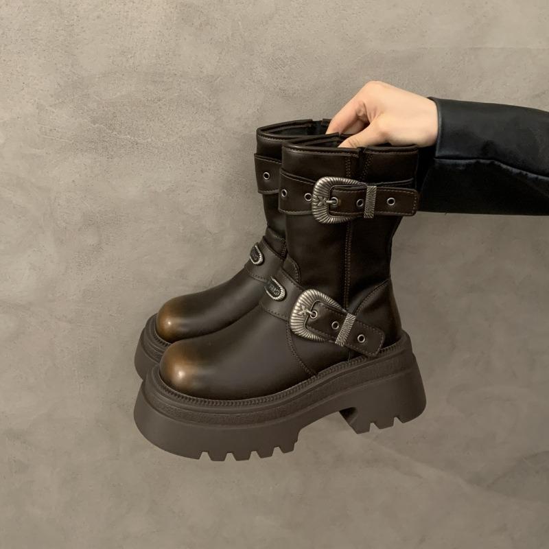 

Cowhide version~ High-heeled Martin boots for women s autumn new thick-heeled polished retro locomotive short boots 40 коричневый