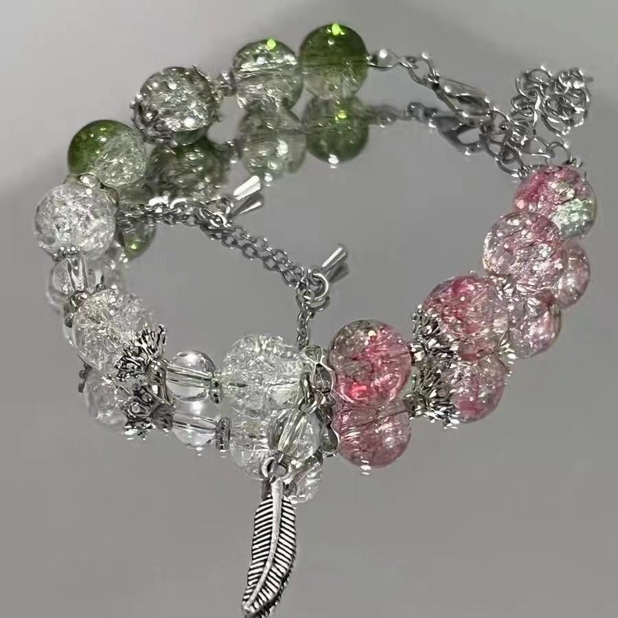 

Super Fairy Pink Green Bead Bracelet for Women Elegant Butterfly Feather Tassels Chain Bracelet Versatile Sweet Girl Jewelry