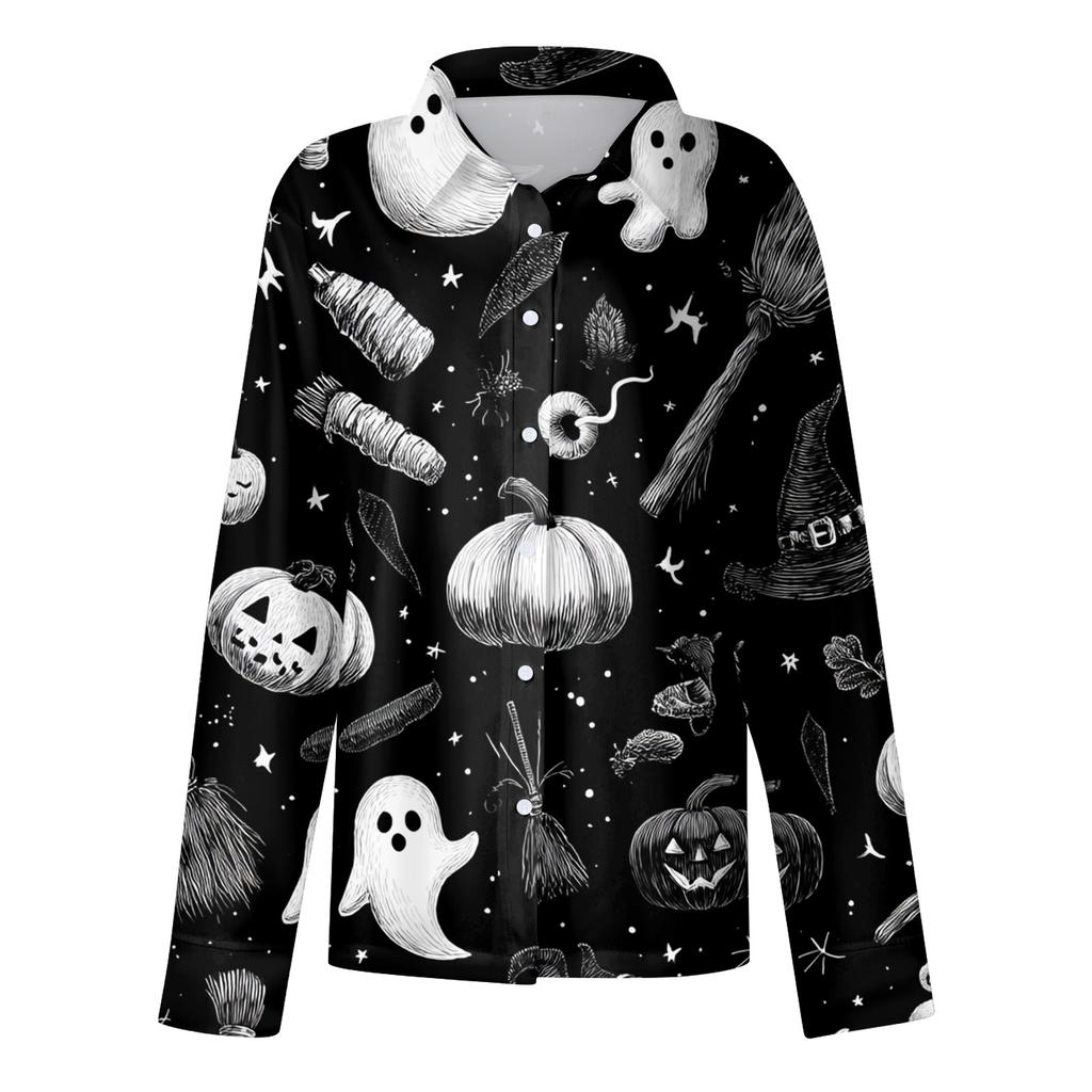Damen Halloween Bedrucktes Lässiges Halbgeöffneter Kragen Langarmhemd