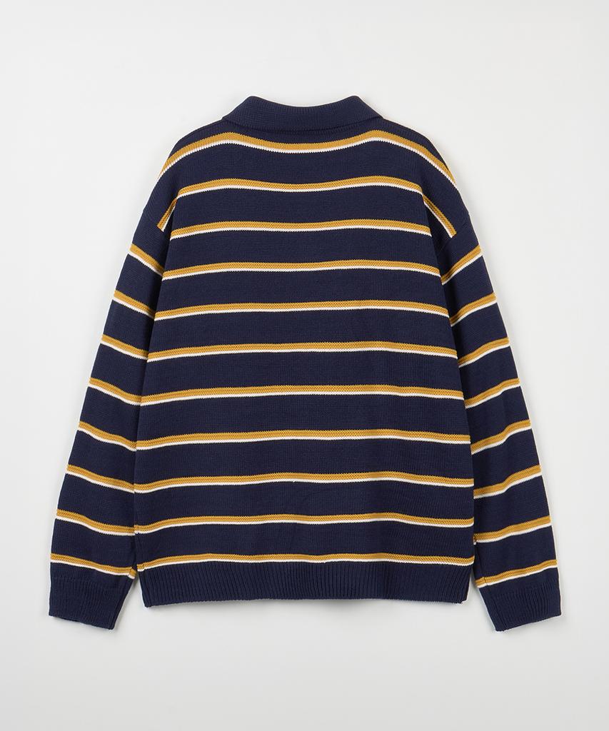 NODU Multi-Color Block Collared Stripe Knit T-Shirt [Navy]