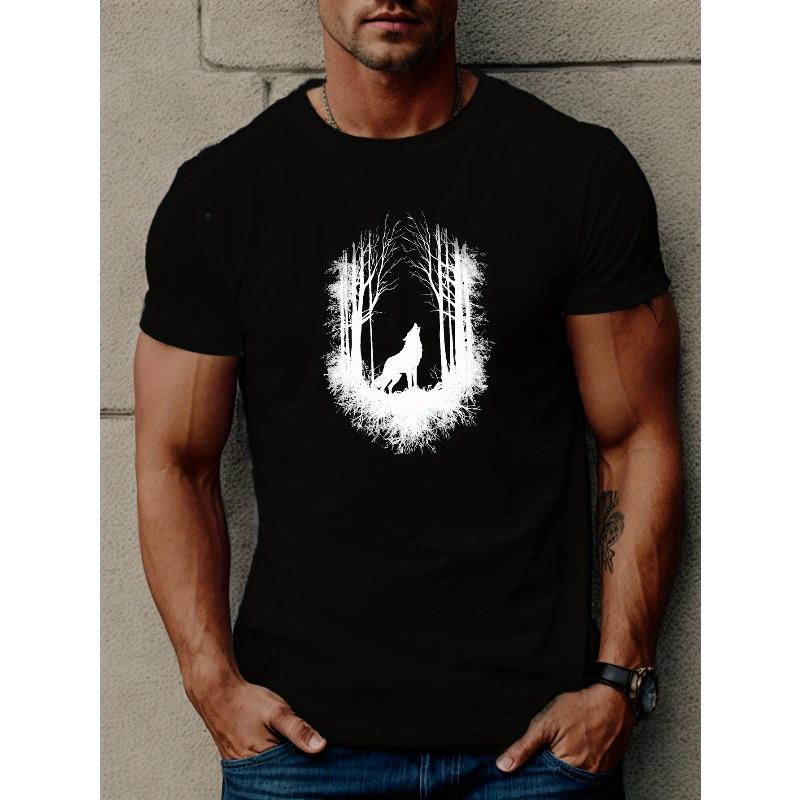 

European sizes Howling Wolf Print Tee Shirt, Tees For Men, Casual Short Sleeve T-shirt For Summer 4XL