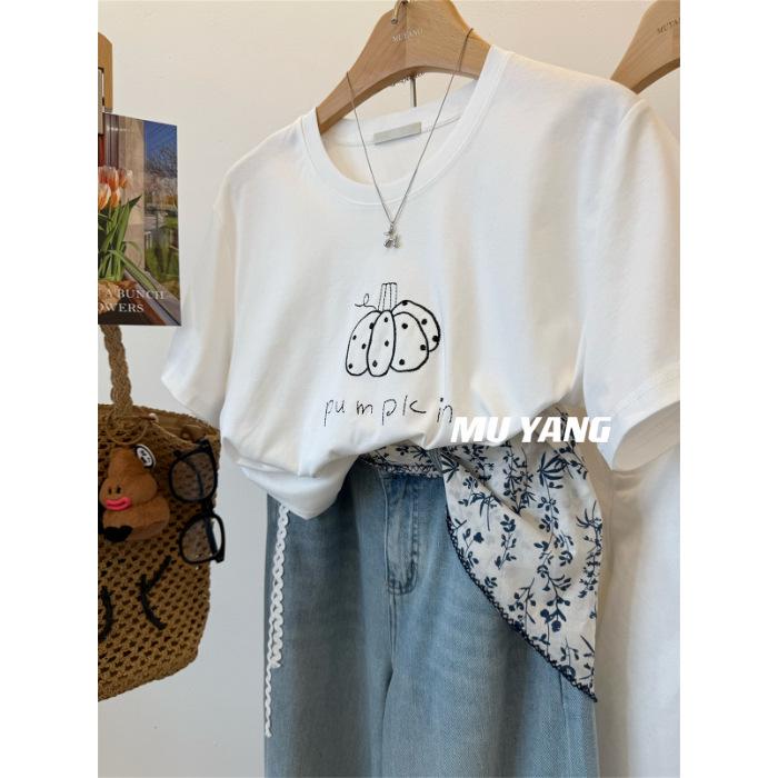 

Women s Summer Cotton Pumpkin Embroidered Casual T-Shirt - White, Short Sleeves, Versatile Top 4XL (Recommended 210-240 lbs) белый