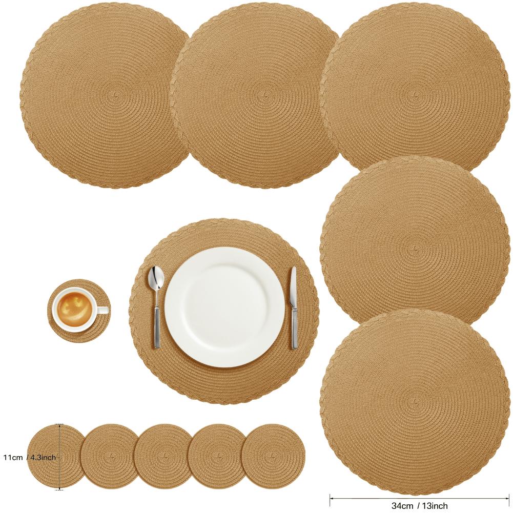 Set of 6 Gold Round Braided Table Mat Washable Placemats Anti Slip Dining Tableware For Home Kitchen Wedding Holiday Table Décor