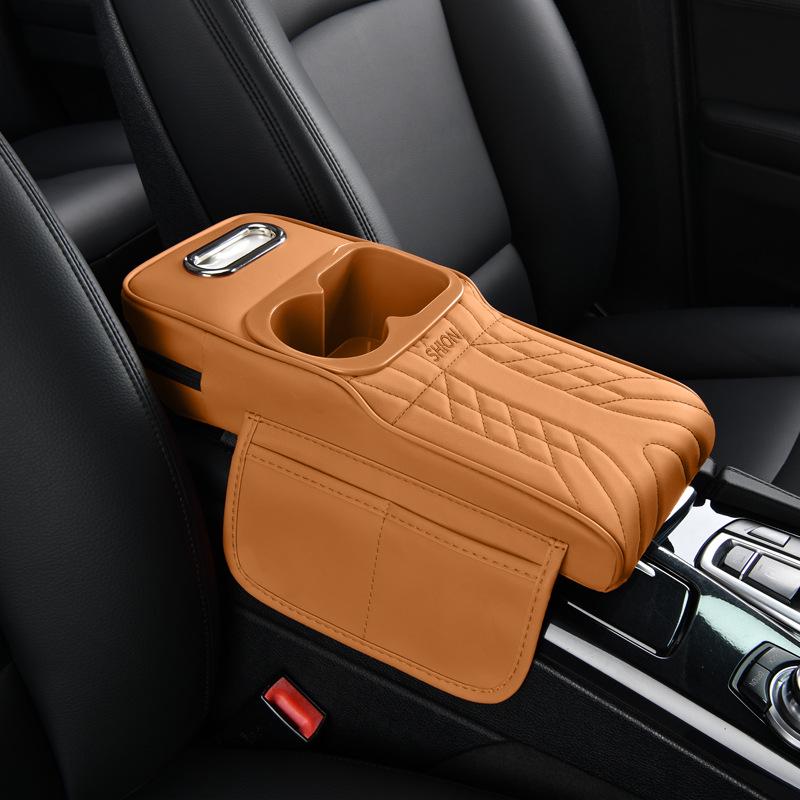 

16cm Narrow Armrest Box: Leather Cushion with Tissue Holder & Dual Cup Storage