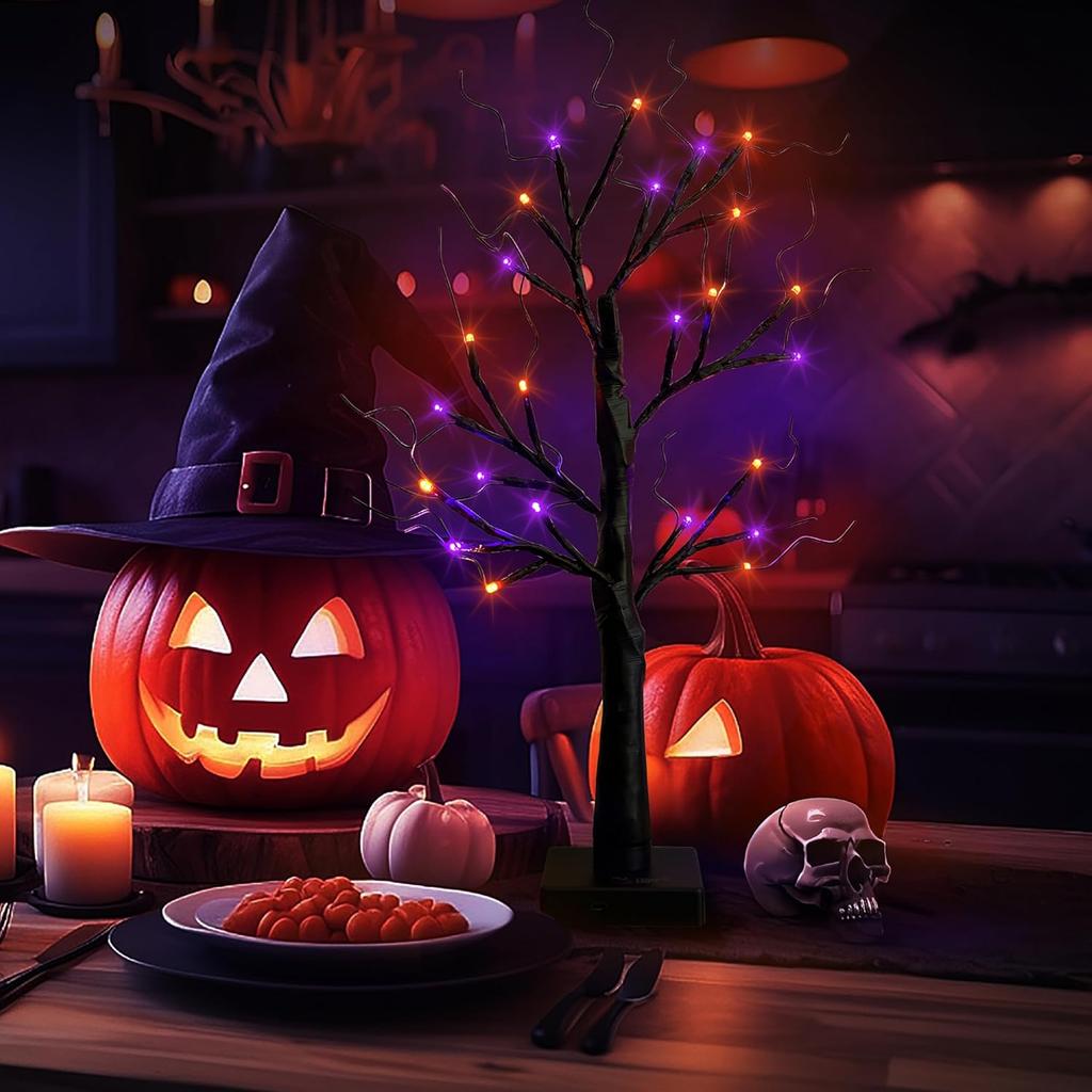 1pc Orange/Purple Glowing Halloween Birch Tree Light with 24L Black Branch Table Lamp Battery&USB For Indoor Holiday Decoration
