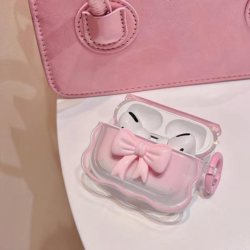 For AirPods Pro3 4 3 2 1 Pro Cute Wave Case Girly 3D Pink Bow Soft TPU Kawaii Generation Cover with Kit Keychain Girls Women