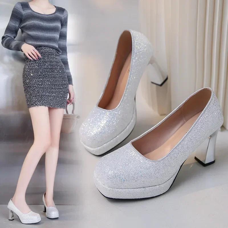 Fashion 35-44 Large Women's High Heels Platform Thick Heels Mary Jane Shoes Small Square Head Set Silver Womens Shoes