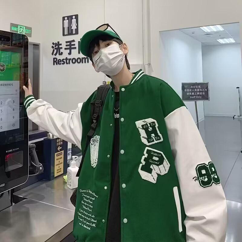 Unisex Streetwear Baseball Jacket With Color-Block Towel Embroidery Oversized Fit Fleece-Lined Collar Fall Casual