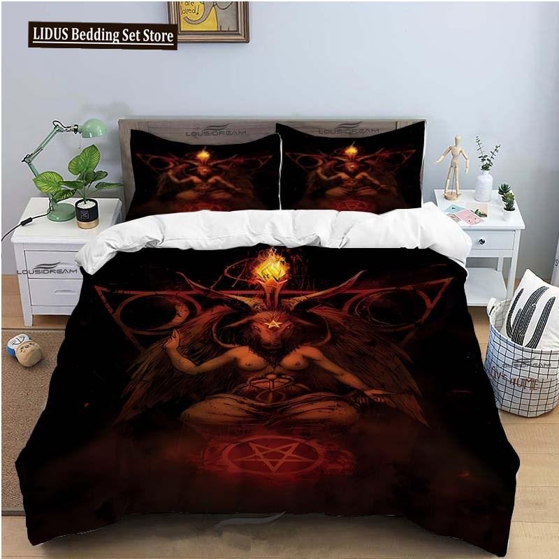 Dark Satanic Duvet Cover Set Satan Goat Inverted Pentagram Skull Bedding Set Full King Size Bed Set Bedroom Comforter Cover Set