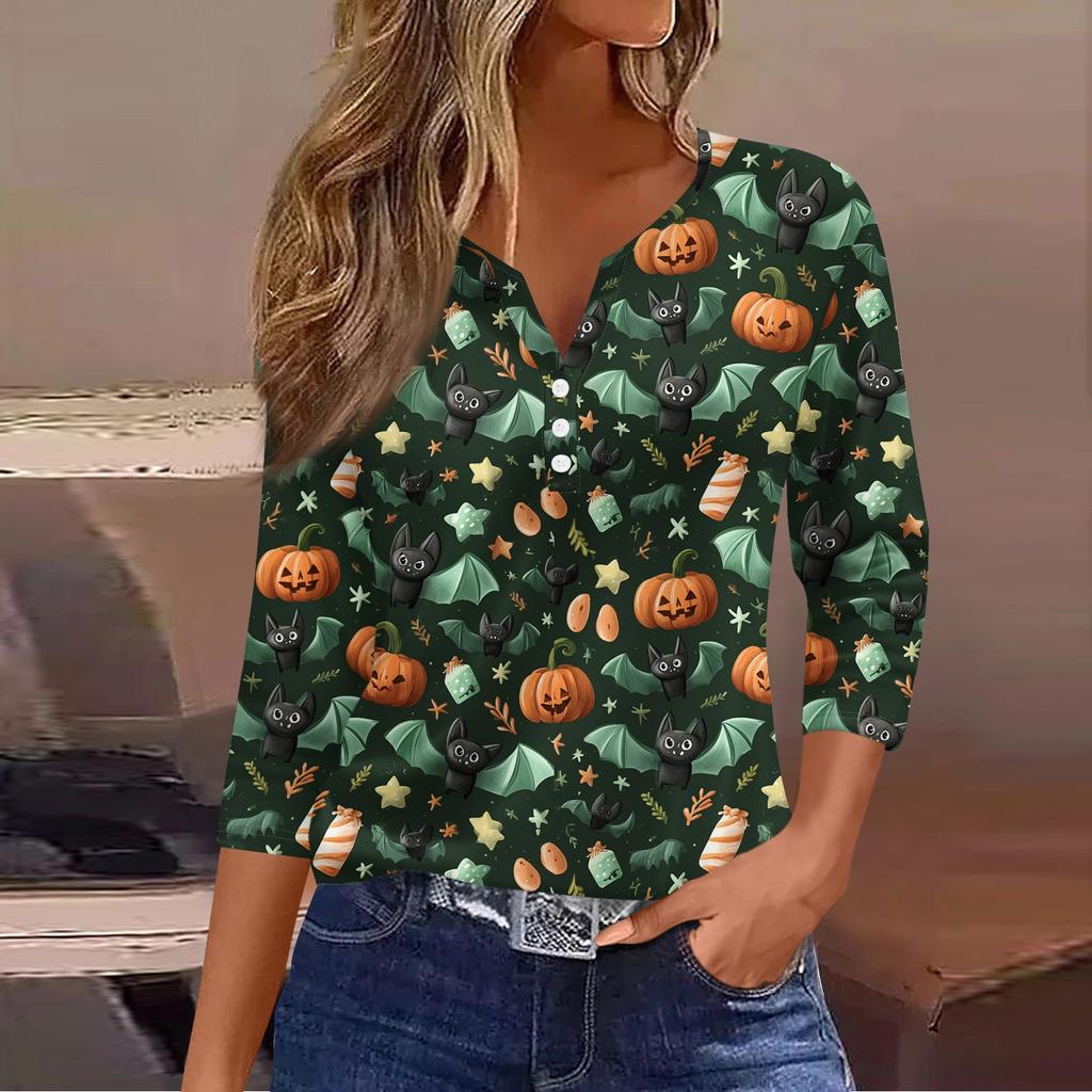 3/4 Ärmel Damen Tops Halloween Print Vintage Mode Lässig Locker Mit V-Ausschnitt Übergröße Shirts
