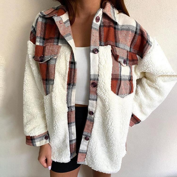 Winter Hoodie Plush Shirt Single Breasted Checkered Cardigan For Women