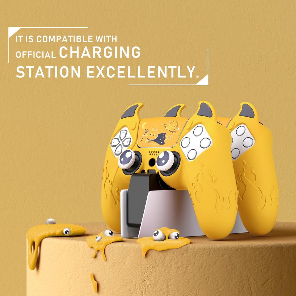 PlayVital PS5 Controller Silicone Cute Controller Cover Skin Protector with Thumb Grip Caps Touchpad Stickers Cover, (Demon Style) & (Yellow)