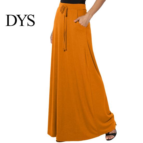 Long Skirt Women Maxi Adjustable Drawstring High-Waisted Solid Color Casual with Pockets Work