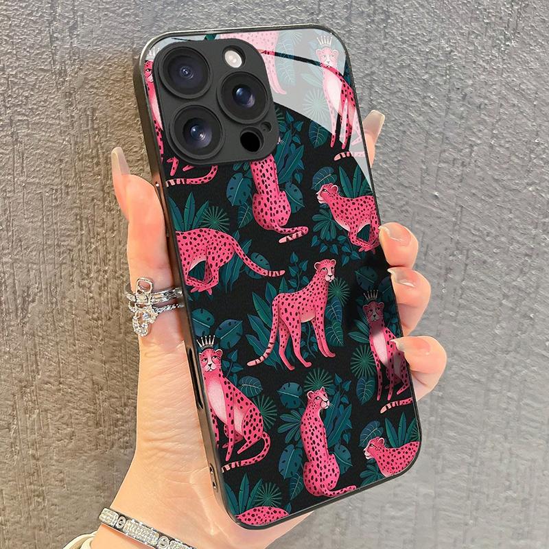 

Чехол из закаленного стекла с принтом розового леопарда для iPhone 16 15 14 13 12 11 17 Pro Max 17 Air 16E 7 Plus XR XS X Ударопрочный чехол iPhone 14 Pro