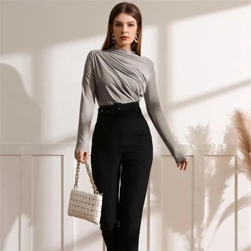 Blusas de otoño para mujer, de manga larga, elásticas, de color puro, para salir, fruncidas, elegantes, suaves y ajustadas, para mujer