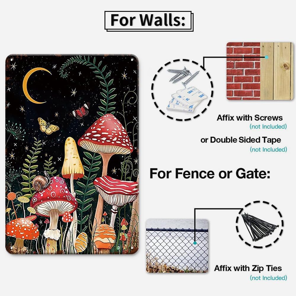 YOYI ART Cute Mushroom Wall Decor Sign - Vintage Metal Tin Sign for Bedroom, Bathroom, Cottage Enchanted Forest Room, Kitchen wall Decor art