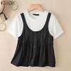 ZANZEA Women Casual Round Neck Summer Short Sleeve Patchwork T-Shirts
