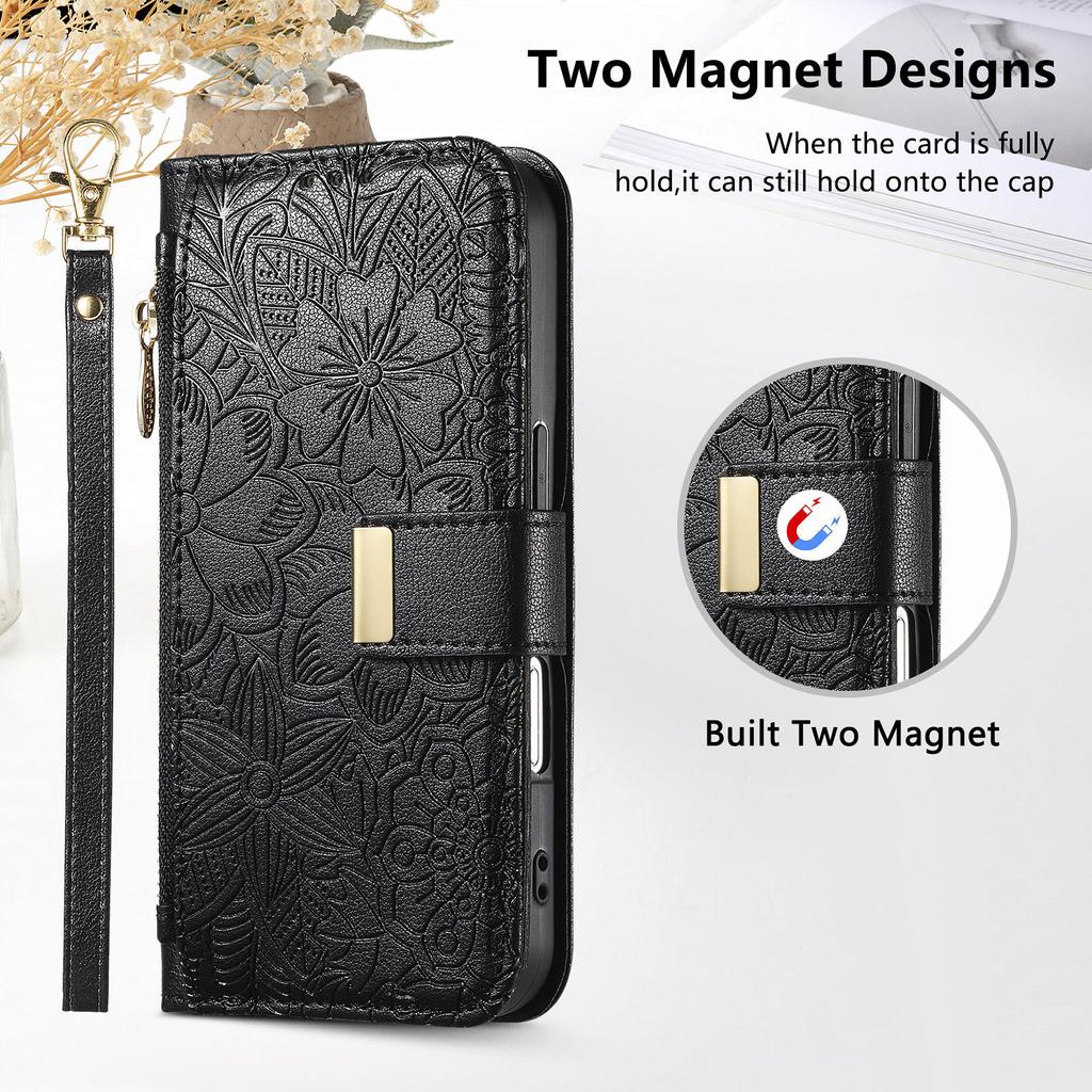 Floral Leather Wallet Case for iPhone 12-17 series.Vintage All-in-One Card Holder w/Stand, Magnetic Closure & Wrist Strap