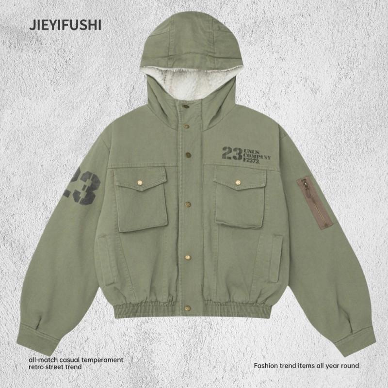 Mens Winter Hooded Cargo Cotton Coat Multi-Pocket Fleece Lined Loose Print Warm Streetwear Jacket