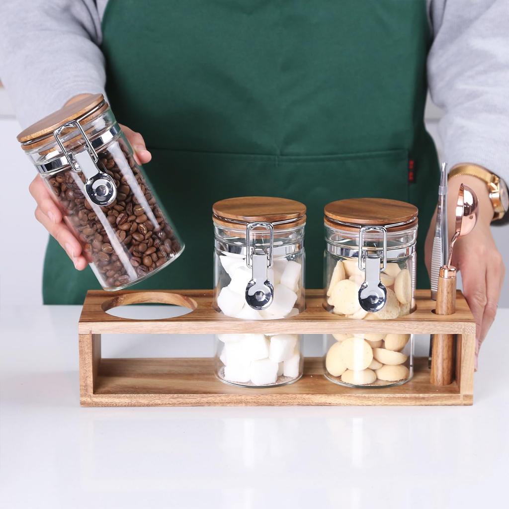 KKC Coffee Bean Storage Container Sealed Canister Sugar Salt Flour Yeast Food Storage Container Glass Coffee Canister with Measuring Spoon 1200ML Set