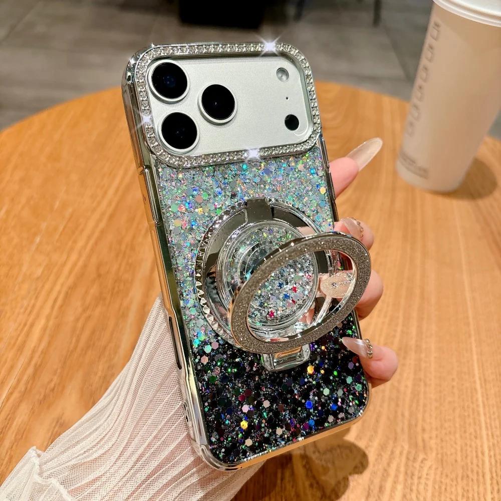 Glitter Quicksand Bracket Phone Case for For Iphone 17 Pro Max 16 15 14 13 ProMax 17Air Plating TPU Shockproof Diamond Holder Cover iPhone 16 Pro Max