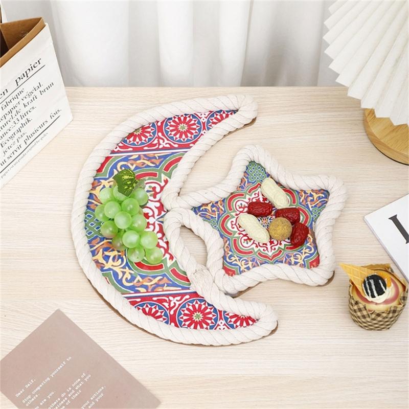 Delicate Ramadans Wood Cotton Rope Woven Trays Eid Mubarak DIY Serving Tray for Breakfast and Dessert Home Party Decors