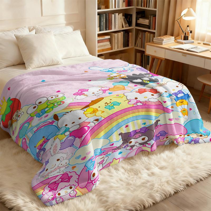 Sanrio All Star Characters Flannel Blanket Kawaii Hello Kitty Kuromi Cinnamoroll Rainbow Print Throw Bed Sofa Room Aesthetic