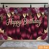 2D Birthday Photography Backdrop Burgundy Background with Purple Flowers and Satin Ribbons